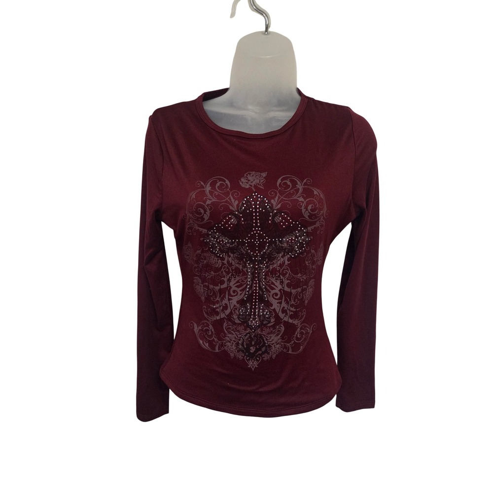 J For Justify Womens Burgundy Long Sleeve Rhinestone Cross Graphic Top Large
